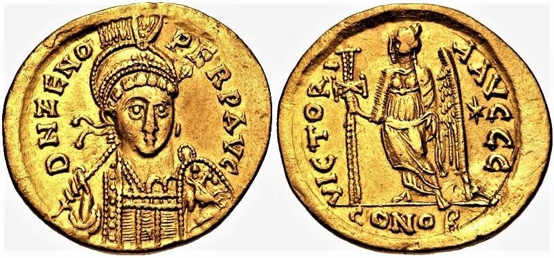 Монета с изображением Византийского Императора  Флавия Зенона  (474–491 гг.) .