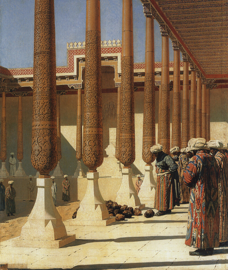 «Представляют трофеи» 1872 г. Холст, масло. 240×171 см. Государственная Третьяковская галерея.
Цикл «Варвары», Туркестанская серия