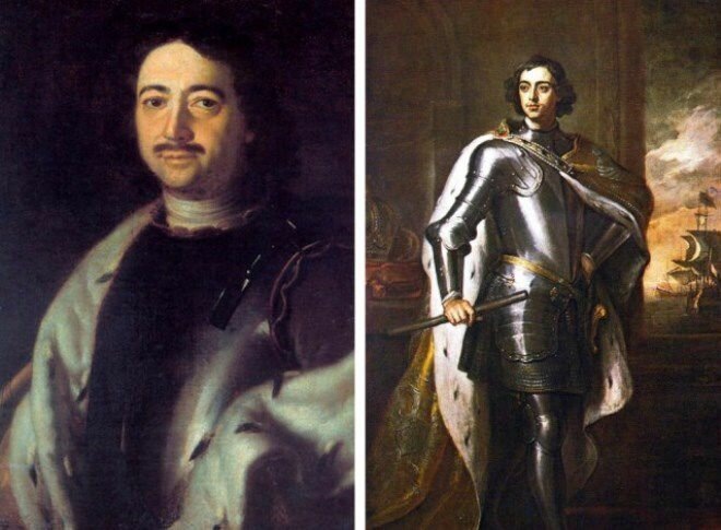 (на первом портрете Пётр запечатлён до поездки в Европу, на втором после)