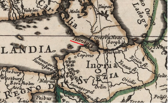 Итальянская карта Д. де Росси 1692-го года, на которой шведский Ниеншанц, расположившись рядом с оседающим Петрополисом, потому назван Петербургом (Камнеградом). Карта хранится в Центре исторических карт Дэвида Рамси (The David Rumsey Historical Map Collection) Стэнфордского университета и научная достоверность несомненна.