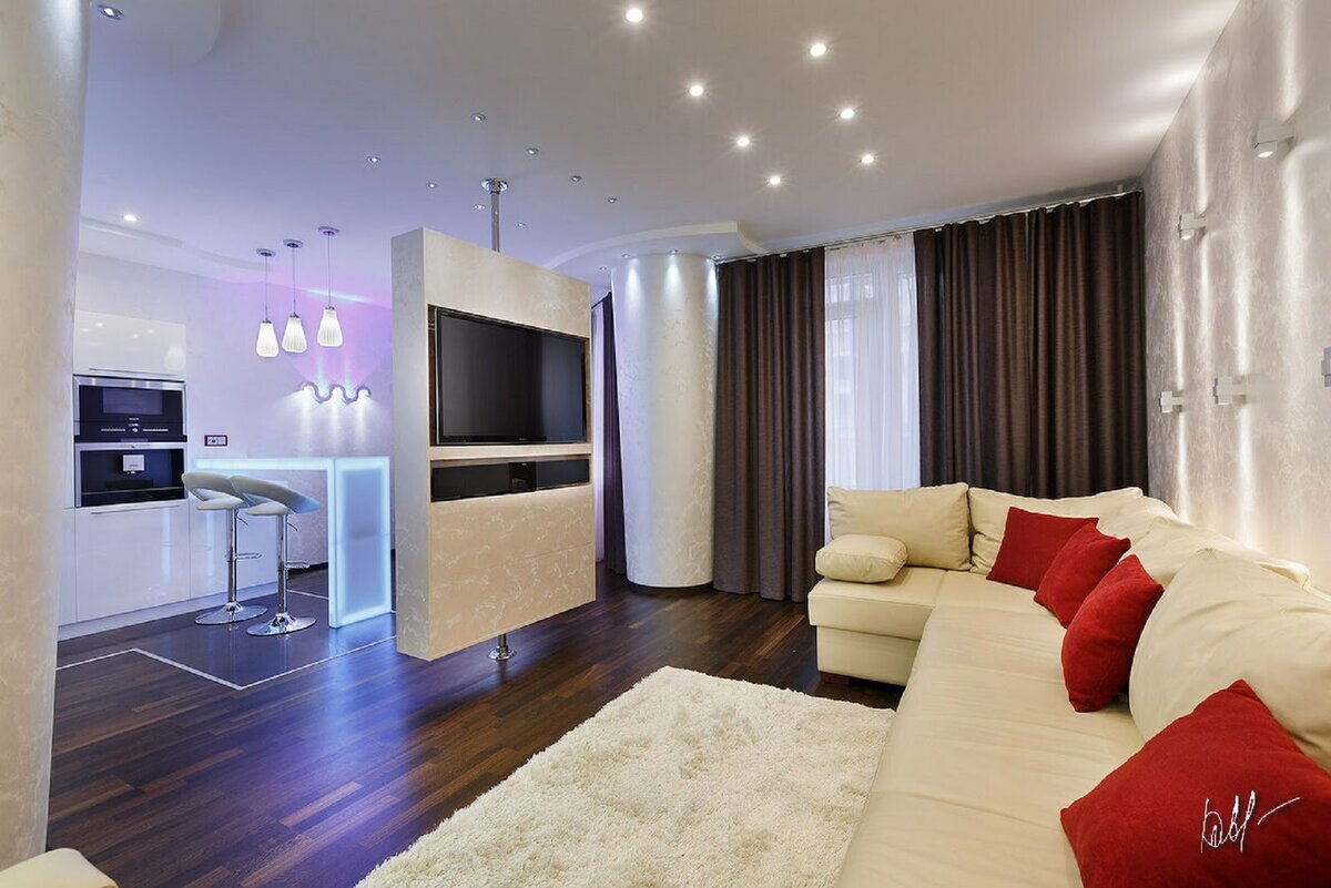 Дизайн-проект “Квартира 110 кв.м. на Васильевском”, кухня-гостиная-столовая, вид из гостиной, дизайнер Катерина Дубровская