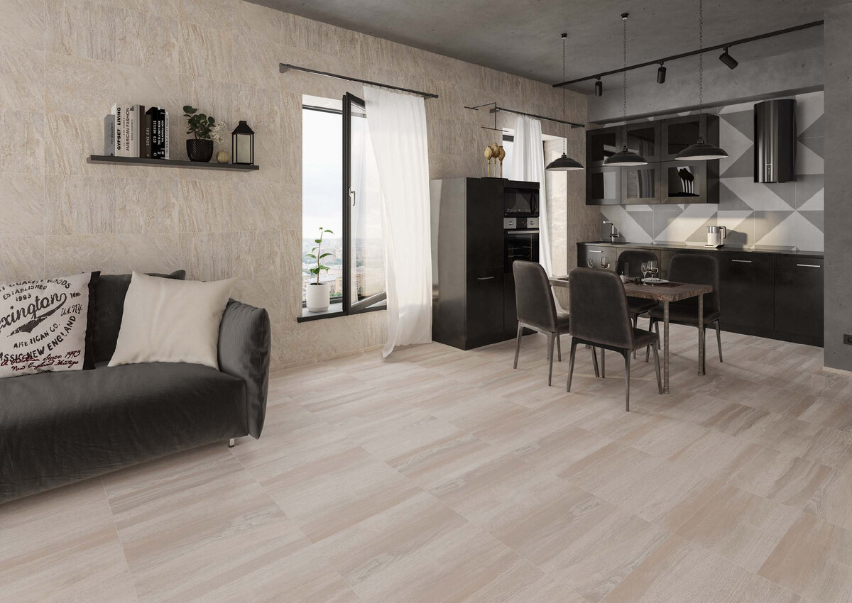 Фото:  Estima, керамогранит из коллекции Rock (на стенах)