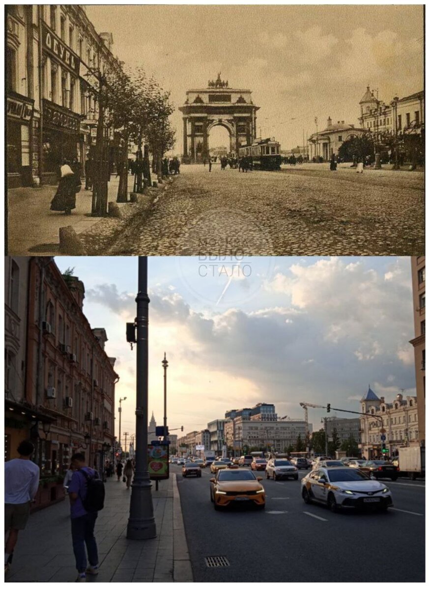 1-я Тверская-Ямская улица у Тверской заставы. 1910 год. Современный кадр с той же точки 123 года спустя