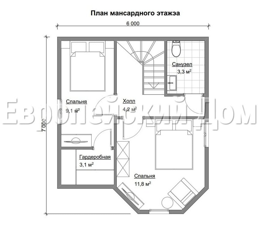 Разумный европейский дом 6х7 с нестандартной башней в два этажа