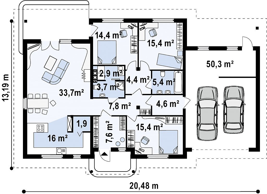 Одноэтажный дом с тремя спальнями 10,7*13,9 S-180 "Парис"