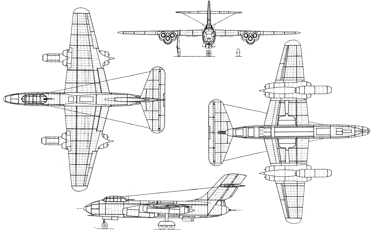 Схема бомбардировщика Су-10 с шестью двигателями. Вариант второй.