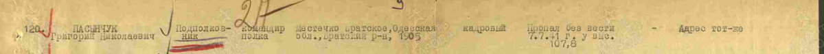 Фрагмент документа - список безвозвратных потерь начсостава с фамилией Пасынчука