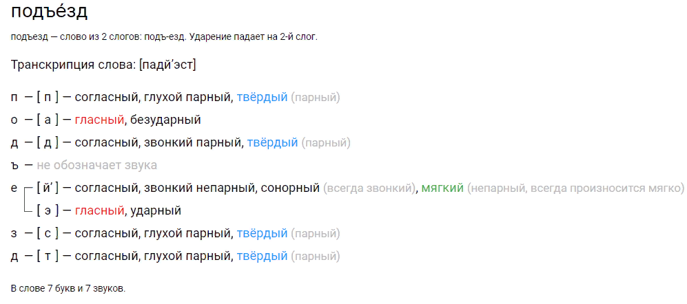 Подъезд — фонетический (звуко-буквенный) разбор слов