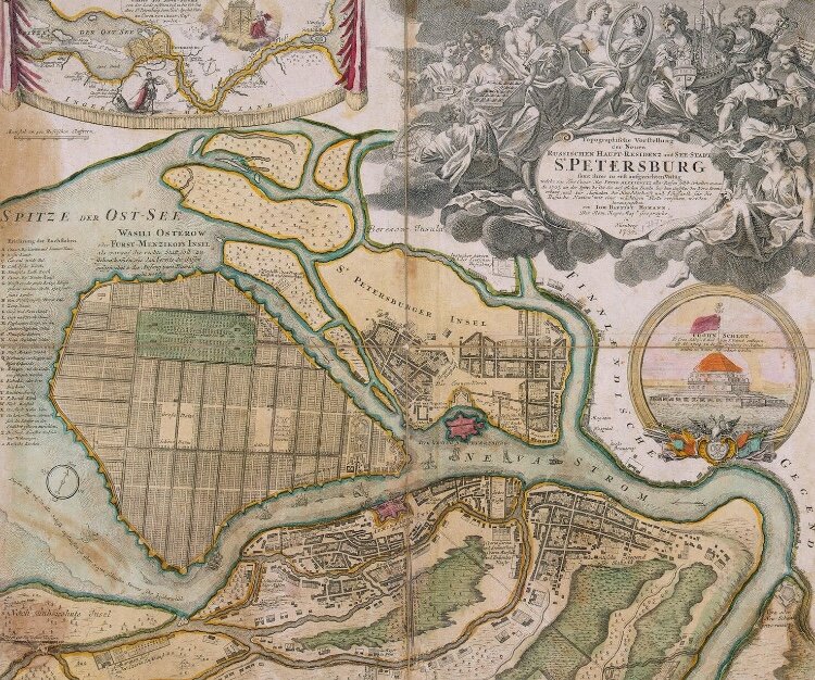 Карта Петербурга 18 века. Видно, что Васильевский остров расчерчен линиями, которые изображены наполненными водой. 