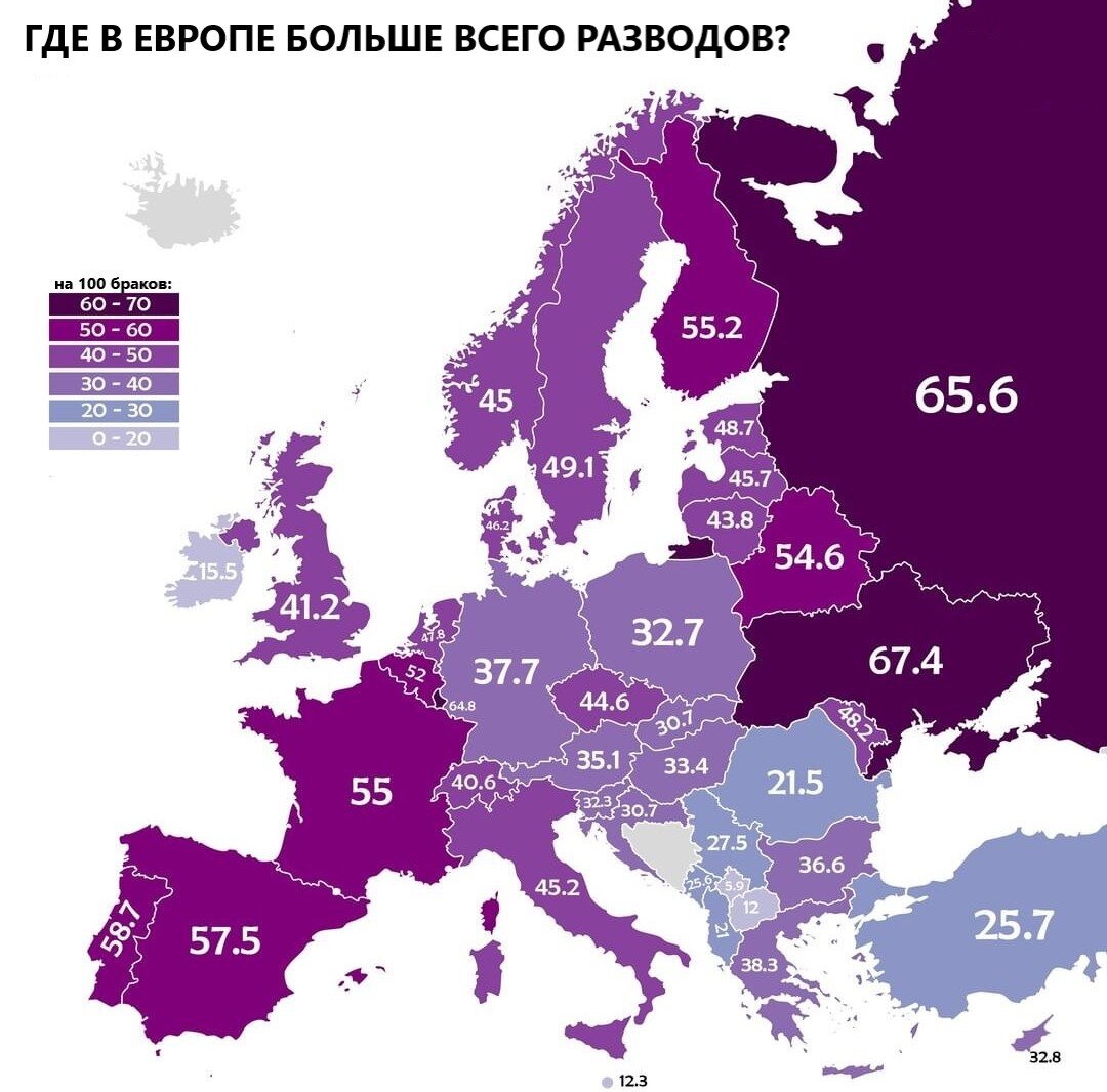 Количество разводов в Европе на 100 заключенных браков. источник:Яндекс.Картинки