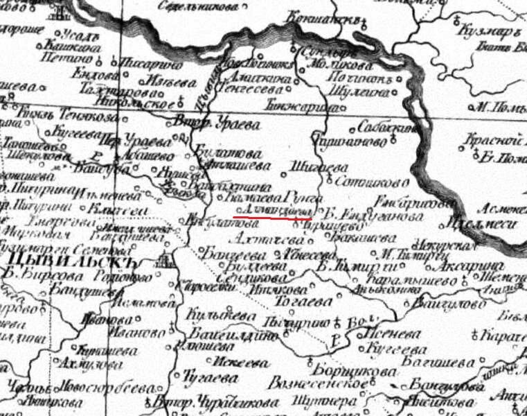 Карта 1824 года Казанского наместничества (алмандаево выделено).