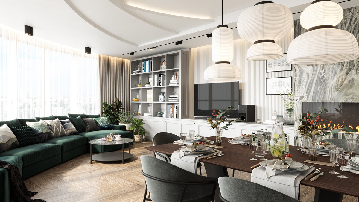 Для этого интерьера были подобраны спокойные, благородные фоновые тона, такие как: светло-серый, сливочно-белый, черный, а в дополнение к ним - акцентный сине-зеленый оттенок ткани