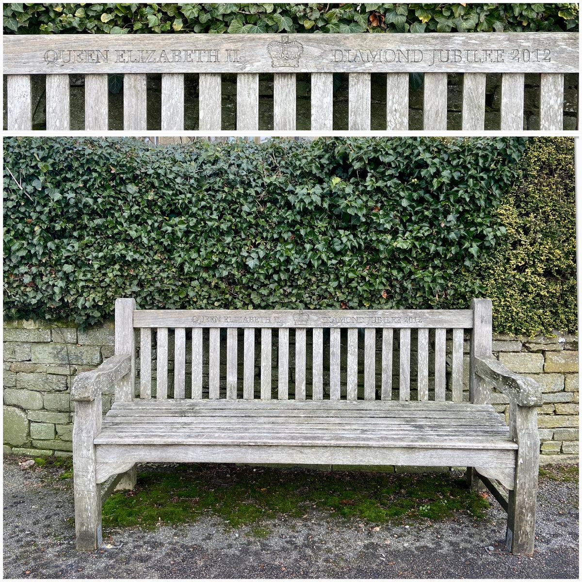 Надпись, вырезанная на спинке скамейки: «К бриллиантовому юбилею правления королевы Елизаветы II»