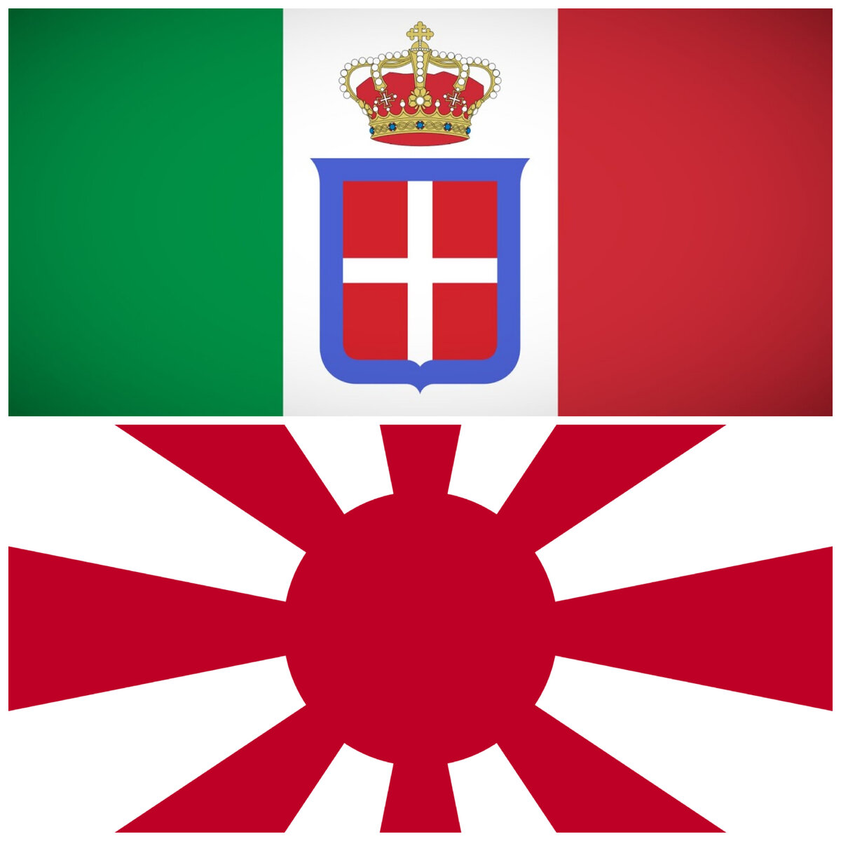 Верхний флаг - фашистской Италии;                                                                                                         Нижний флаг - милитаристской Японии.
