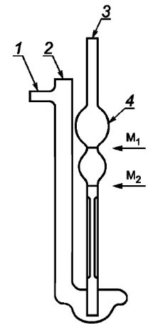 Вискозиметр типа Пинкевича ВПЖ-2, ВПЖТ-2: 1 - трубка вискозиметра, на которую надевается резиновая трубка; 2 - зажимаемое колено; 3 - колено, погружаемое в анализируемый нефтепродукт; 4 - расширение, которое должно быть ниже уровня жидкости термостате.