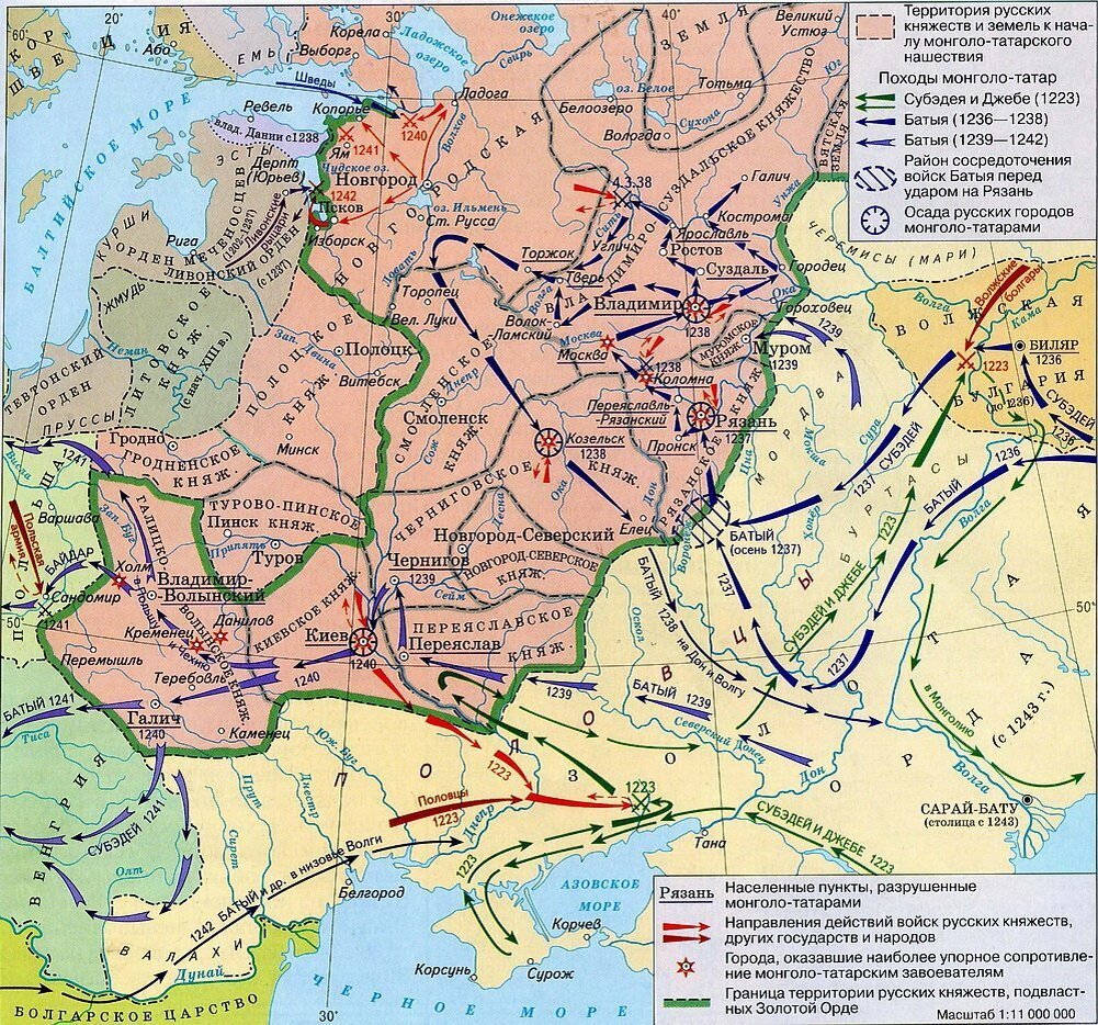 Карта передвижений монгольских войск по в 1237-1238 годах.