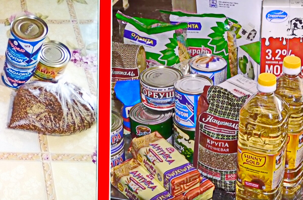 Слева пример продуктового набора, рассчитанного на одного маленького школьника из города Осинники (Кемеровская обл.), а справа аналогичный для жителей Москвы. Обратите внимание на видео внизу