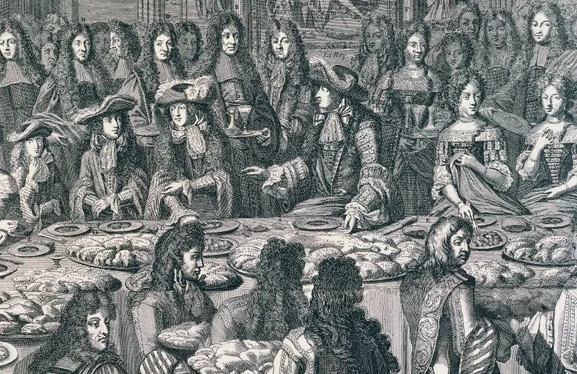 Банкетная сцена с королем Франции Людовиком XIV, гравюра 1687 года
