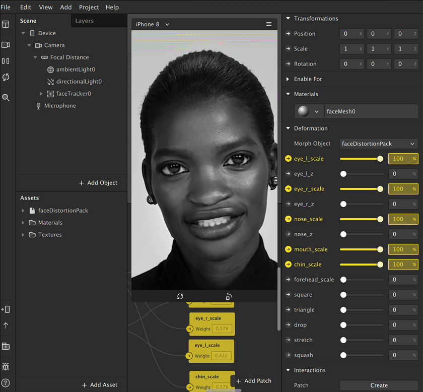 Spark AR Studio. faceDistortionPack. Free pack to distort different parts on the face