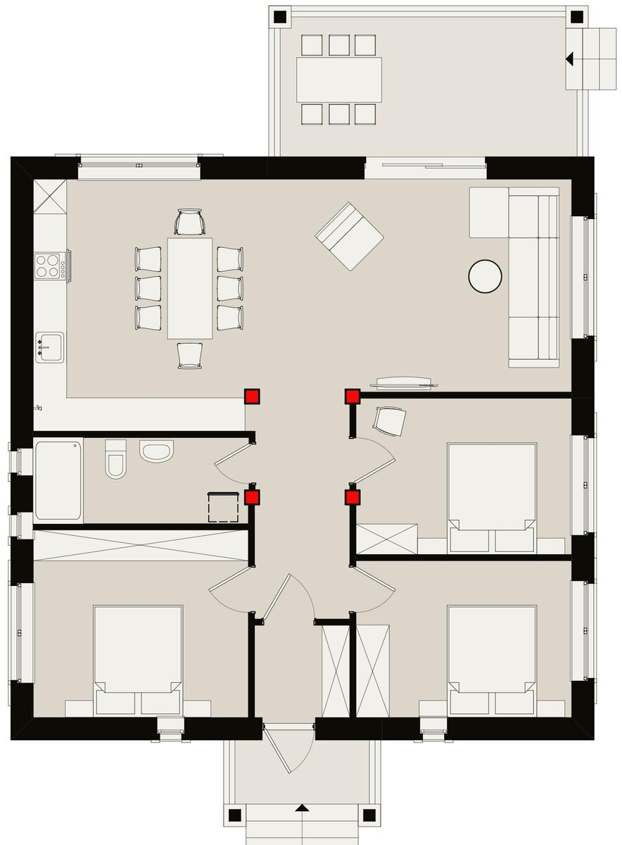 Дом с совмещенным санузлом, большой кухней и тремя спльнями