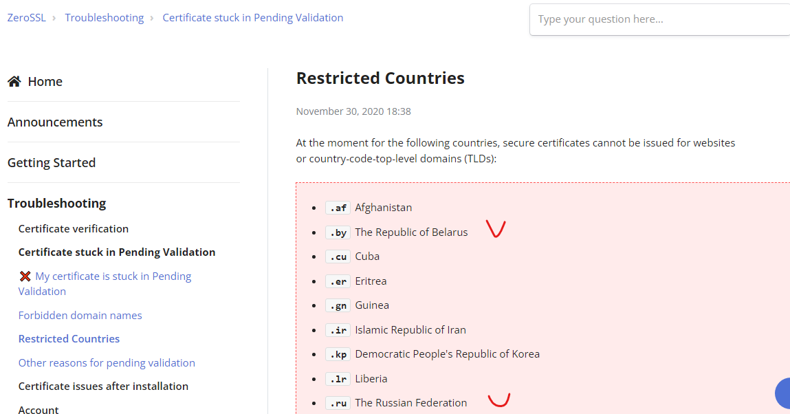 Сайт ZEROSSL.COM , список запрещенных стран.