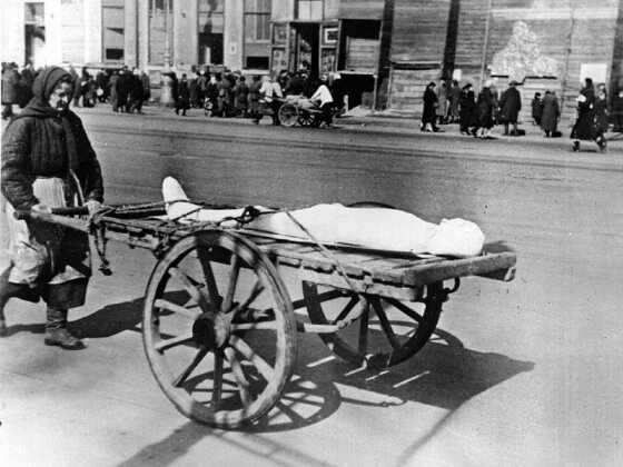    Женщина везет умершего в дни блокады Ленинграда
