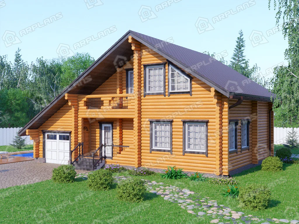 Фасад 1 двухэтажного дома из бревна с гаражом. Источник arplans.ru Проект ДО-086