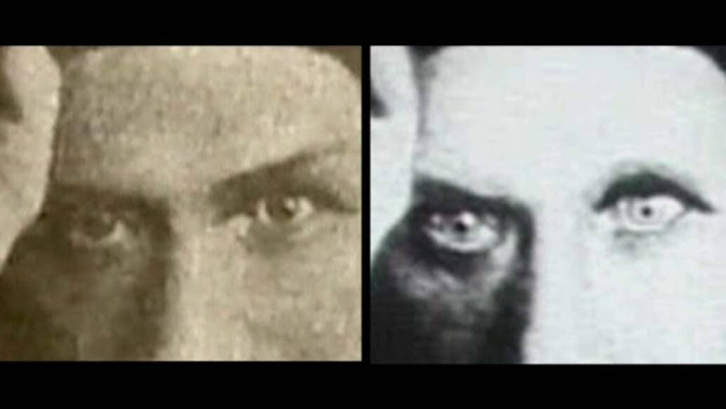 Из фотографии Григория Распутина: слева  — дореволюционный оригинал, справа  — ретушированное в большевистских (затем в советских) издательствах 