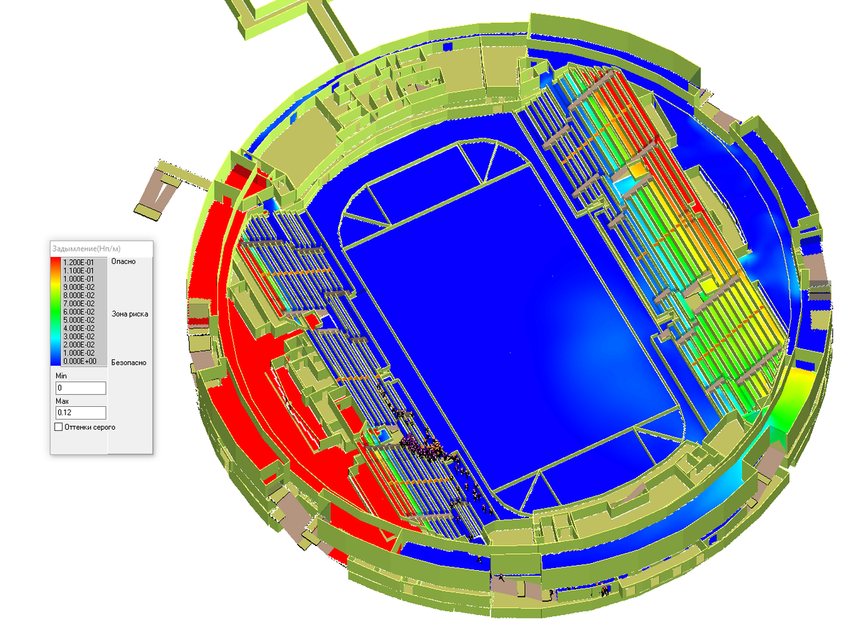 Рисунок 1. 3D-модель здания, поле задымления в чаше стадиона и подтрибунном пространстве. Люди на трибунах во время эвакуации. Цвета от синего к красному демонстрируют нарастание уровня задымления
