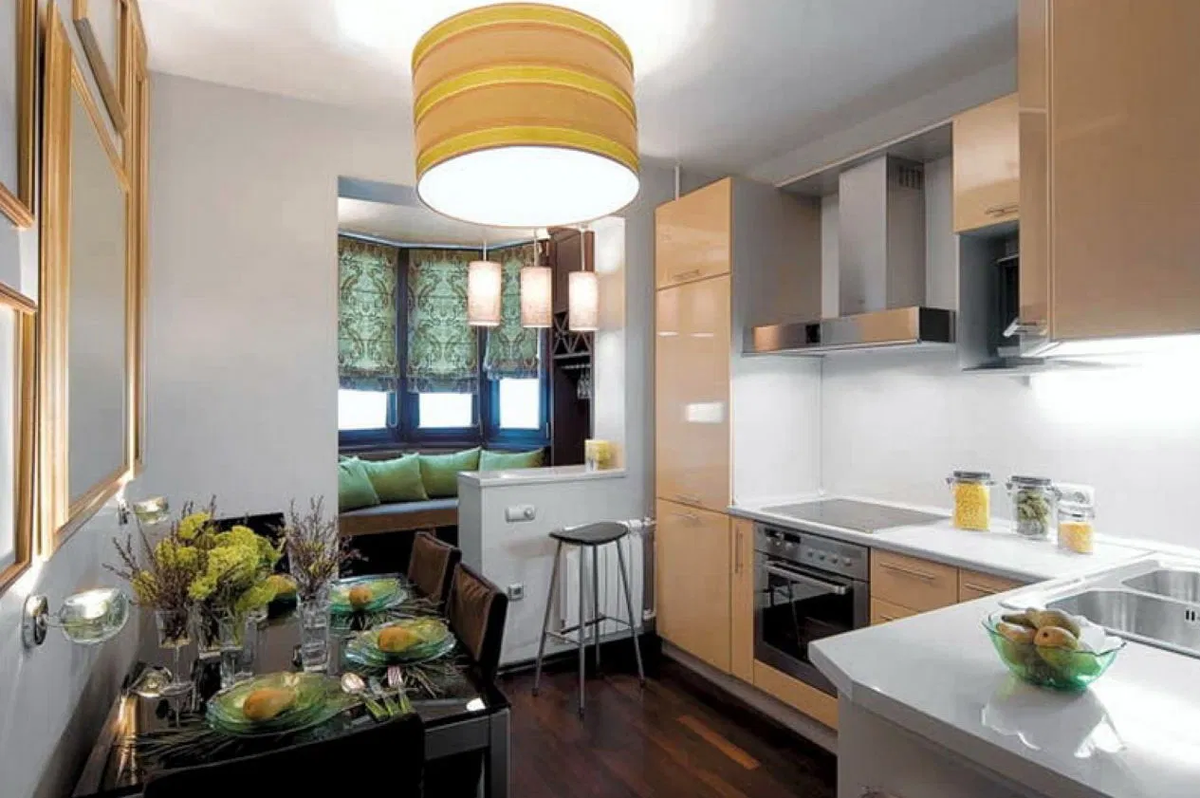 Так может выглядеть возможность объединения кухни с балконом