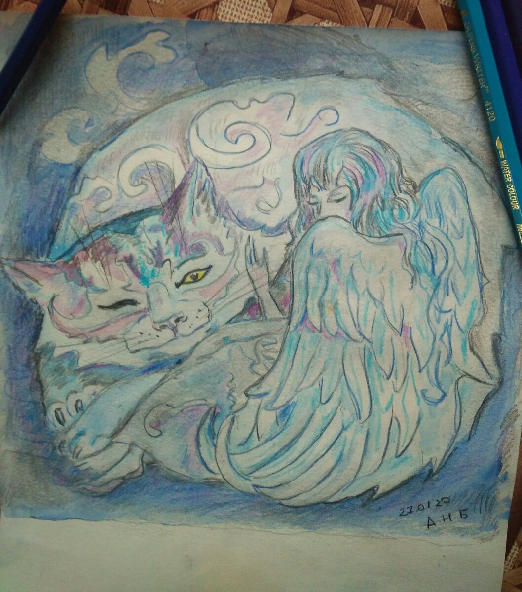 Кот и ангел. Акварель и карандаши.