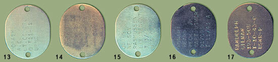 Жетоны флота и морской пехоты образца 1940–50 гг.                                                                           13 – жетон лейтенант-коммандора резерва ВМС;
14 – жетон, выданный до декабря 1942 г. (после 1942 г. на жетон стал наноситься отпечаток пальца);
15 – жетон лейтенанта береговой охраны;
16 – жетон капитана – резервиста морской пехоты;
17 – жетон офицера резерва ВМС США