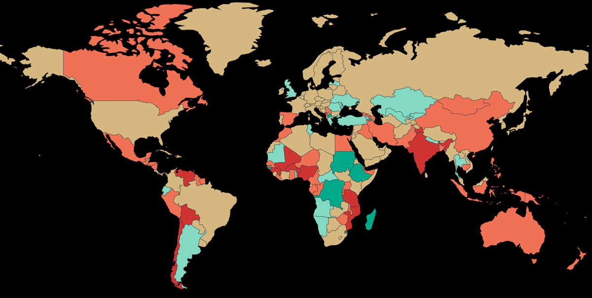 Изменение уровня свободы за 2019 год по странам мира, Freedom House