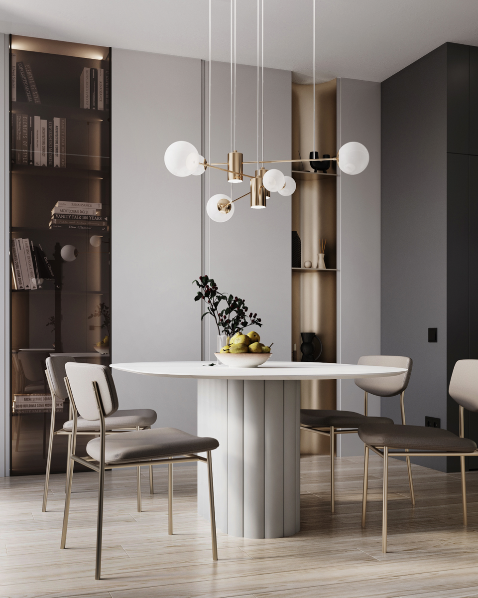 вид на обеденную зону стол — TOK mebel, стулья — Calligaris, подвес — Lampatron