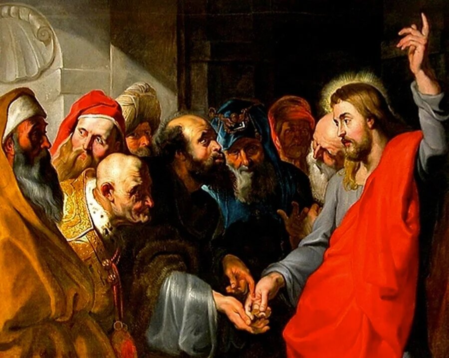 Картина на короторй Христу принесли монету с изображением Кесаря, что бы потом задать каверзный вопрос насчет уплаты подушного налогов