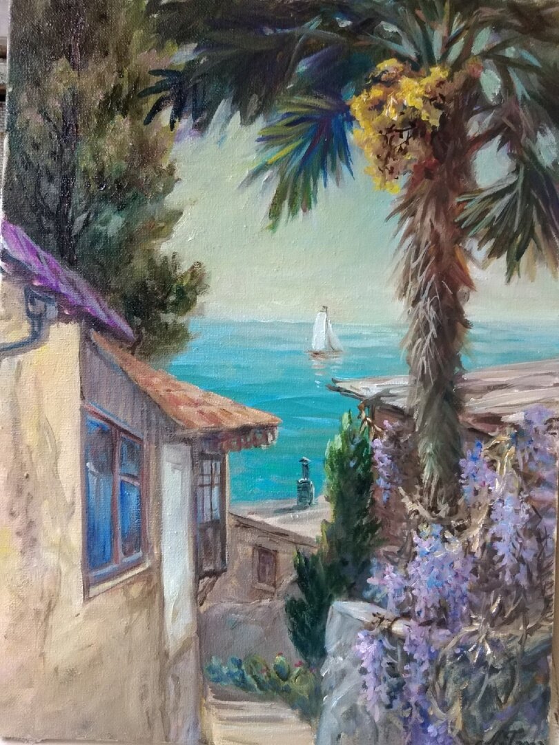 1. Анна Гадирова. Переулок с глицинией. 30х40, холст на подрамнике, масло, 2022 г. Изображение отсюда: vk.com/id151587975