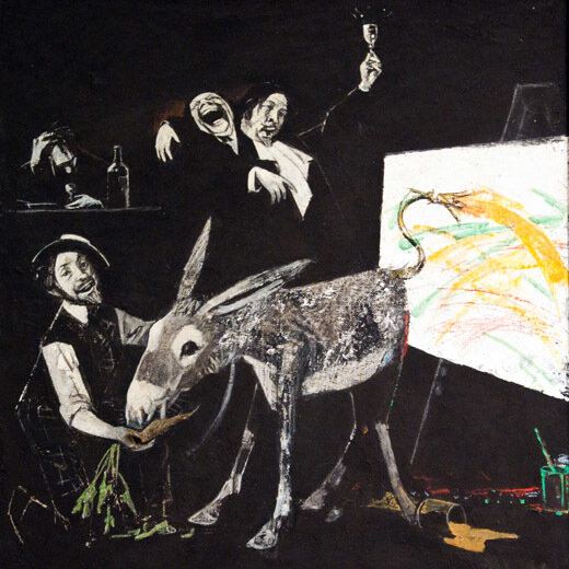 В советской арт-критике, ругая живопись загнивающего Запада, этот образ тоже использовали. (Фрагмент картины Федора Решетникова "Тайны абстракционизма", 1958)