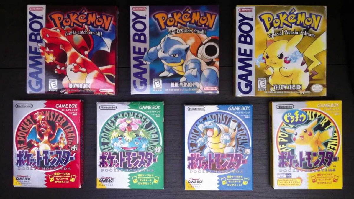 Американские и японские катриджи Pokemon Red, Green, Blue и Yellow. Источник фото:  https://i.ytimg.com