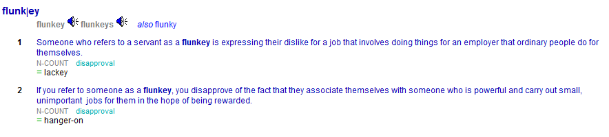 Cловарь Collins говорит, что flunkies - это "прислуга", слово мн. числа, обозначающее слуг, когда говорящий хочет высказать своё пренебрежение или неодобрение. 