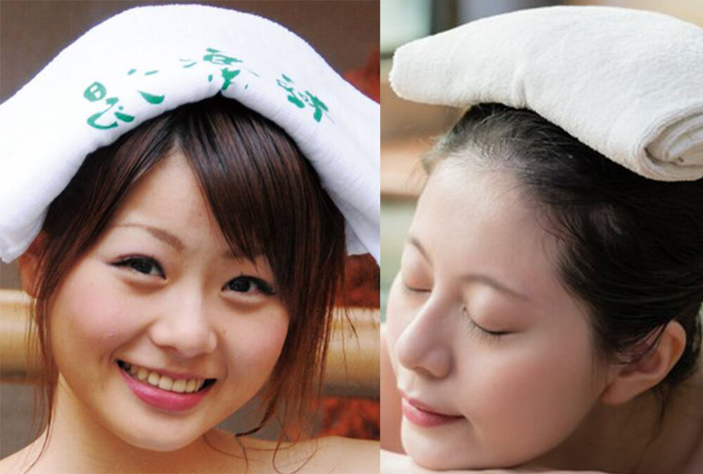 Японки в сэнто с полотенцами на головах [фотоколлаж]