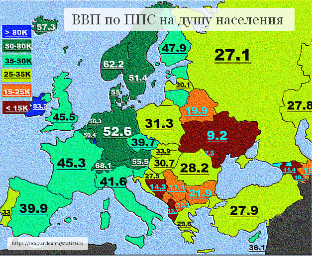 ВВП стран Европы по ППС на душу населения. Тысяч $ США