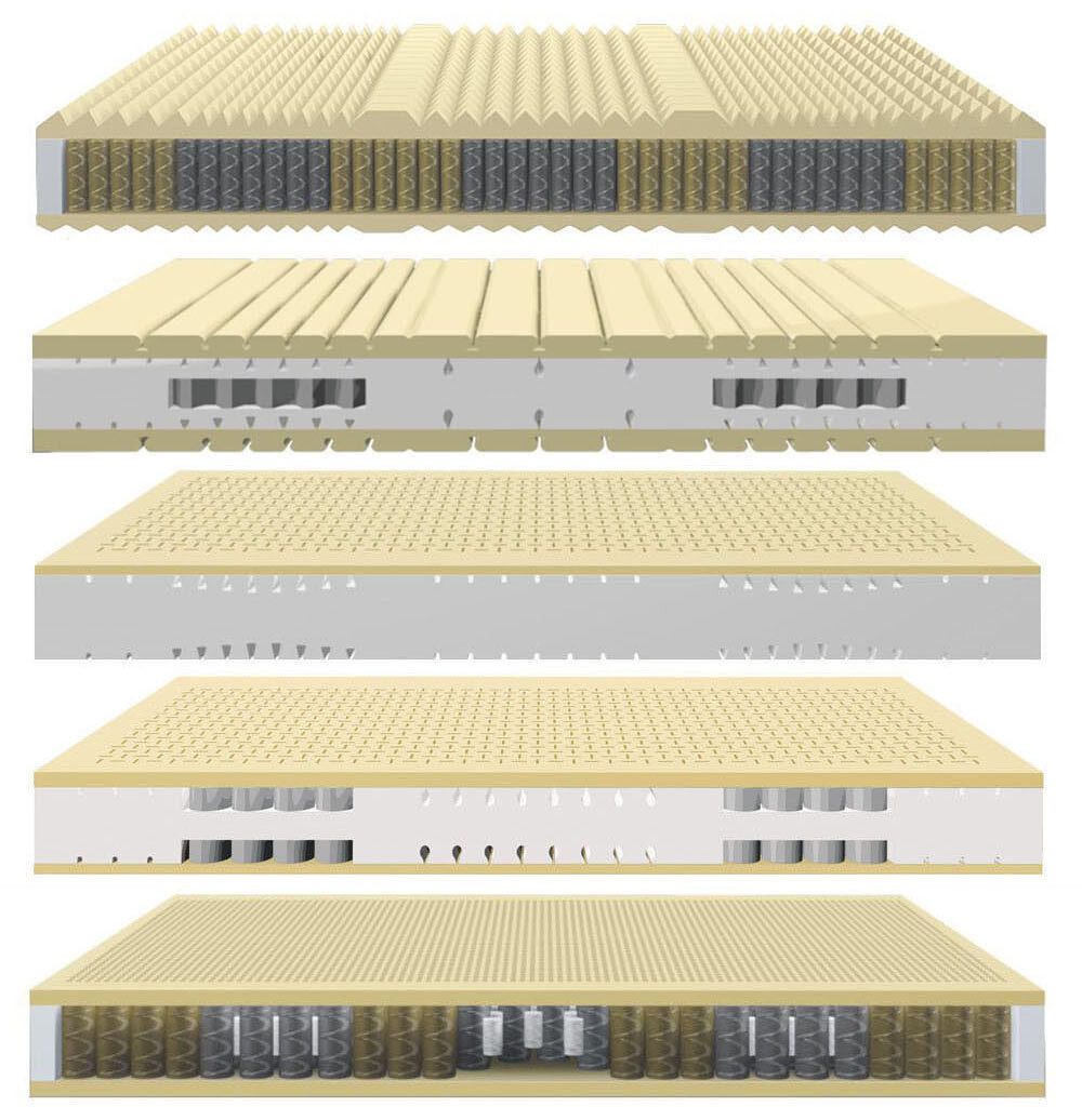 Строение ортопедических матрасов Brinkhaus. Модели матрасов сверху вниз:  Valensia TTFK, Valencia KS, Genua KS, Neapel KS, Neapel TTFK