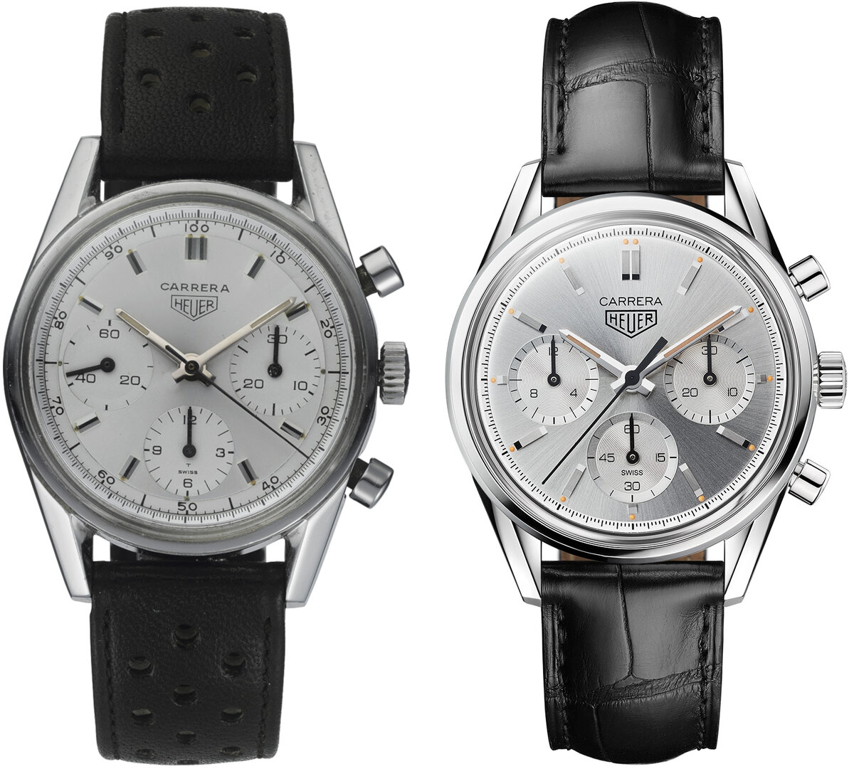 Оригинальная модель Heuer Carrera 2447S (слева) и юбилейная версия Carrera 160 Years Silver (справа)
