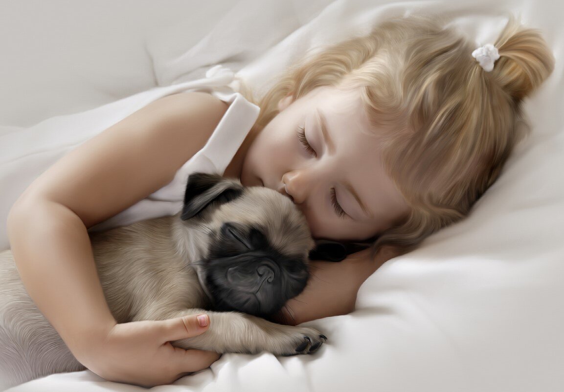 Дочь притворилась спящей. Для детей. Животные. Спящие собачки. Милые спящие животные.