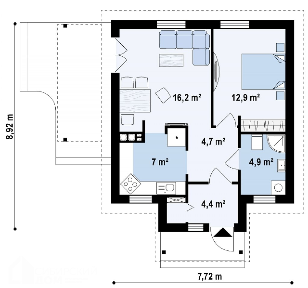 Планировка одноэтажного дома из газобетона 8х9