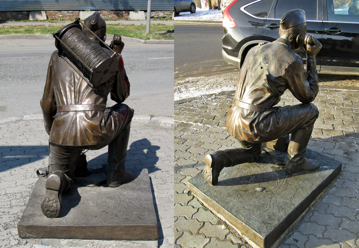 Фото: Памятник связисту в Екатеринбурге. (Катушку у него украли. Наверно Путин виноват...).
