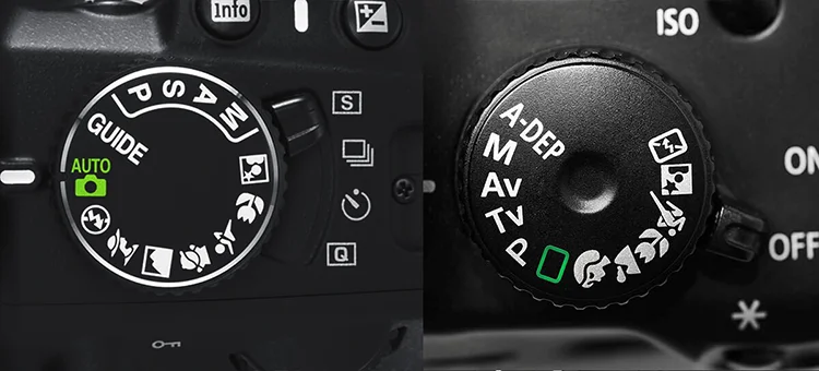 Пример колеса режимов. Слева Nikon, справа Canon.