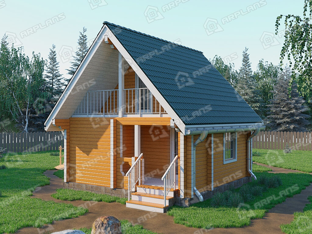 Фото 1 двухэтажной бани из бруса с мансардой, комнатой отдыха и террасой. Общая площадь 54 кв м. Источник arplans.ru Проект Б-006