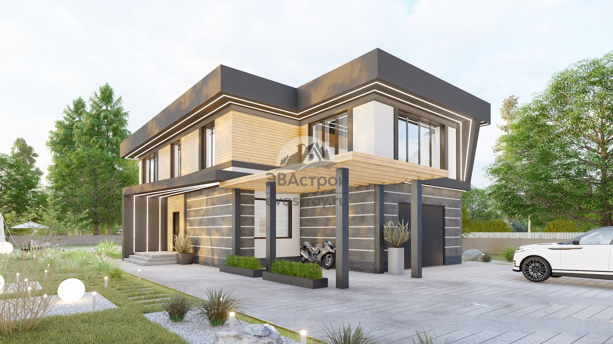 Проект двухэтажного дома 322 м2 с гаражом, кабинетом, балконом и террасой - 107-97