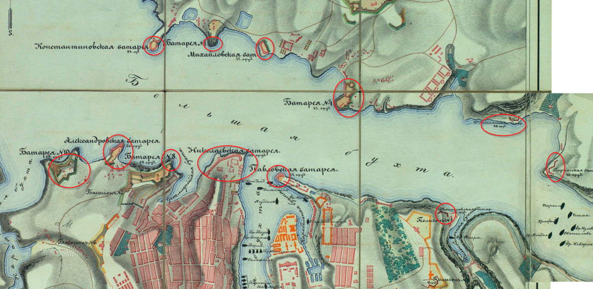 Фото из интернета. Вот так выглядела Севастопольская бухта в середине 19 века. Карта из «Атласа крепостей Российской империи», изданном 1830-е годы. Укреплений я насчитала штук 12, обведены красным.